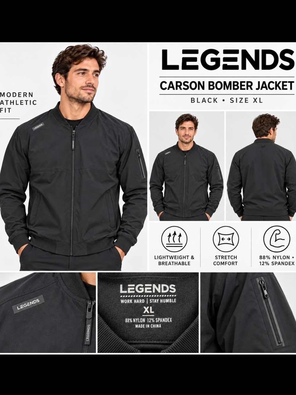 Legends Carson Bomber Jacket Black Men’s XL Like New!